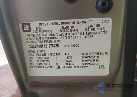 2002 Chevrolet Silverado 1500 Ls z USA, uszkodzony, nr VIN 2GCEK19T121275435